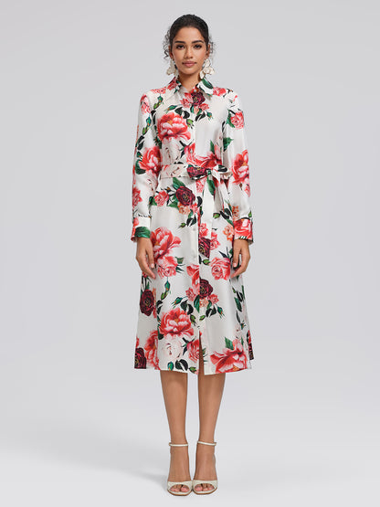100% Silk Rose Print Turn-down Collar Dress