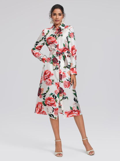 100% Silk Rose Print Turn-down Collar Dress