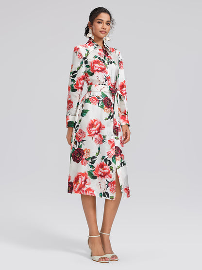 100% Silk Rose Print Turn-down Collar Dress