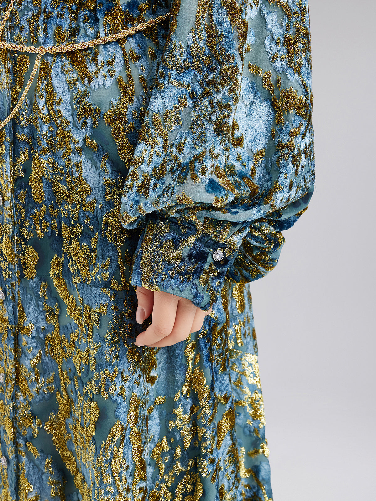 Gold Burnt Floral Velvet Stand Collar Dress