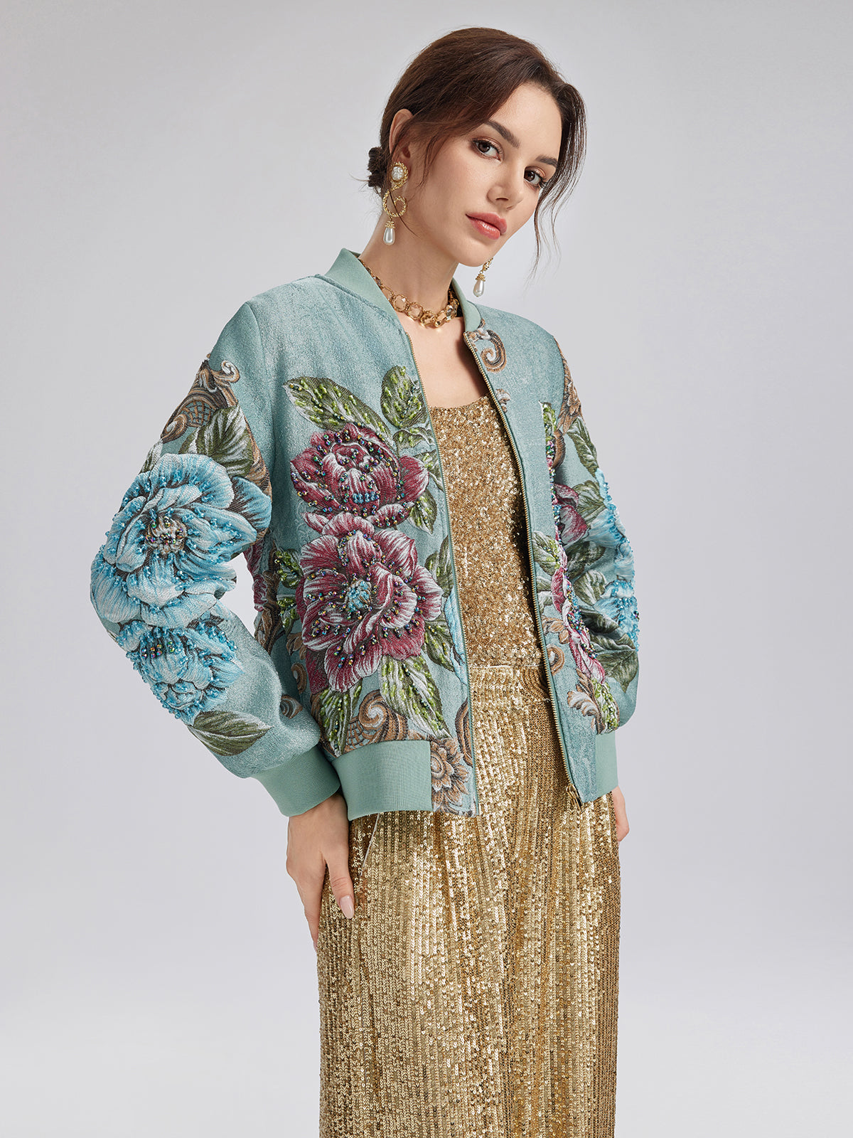 Hand-Beaded 3D Floral Bomber Jacket