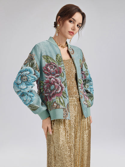 Hand-Beaded 3D Floral Bomber Jacket