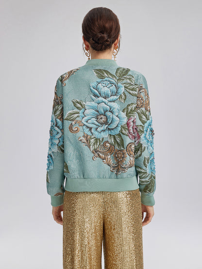 Hand-Beaded 3D Floral Bomber Jacket