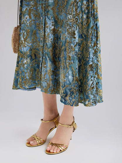 Gold Burnt Floral Velvet Stand Collar Dress