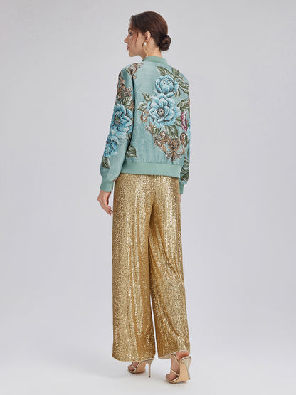 Hand-Beaded 3D Floral Bomber Jacket