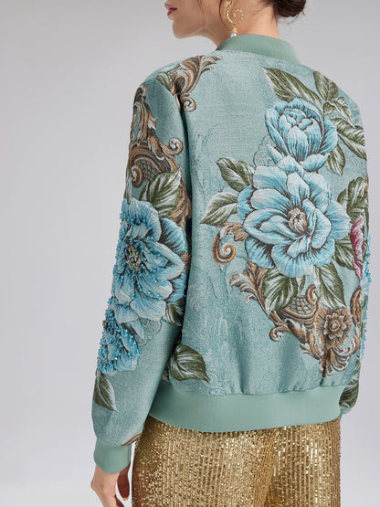 Hand-Beaded 3D Floral Bomber Jacket