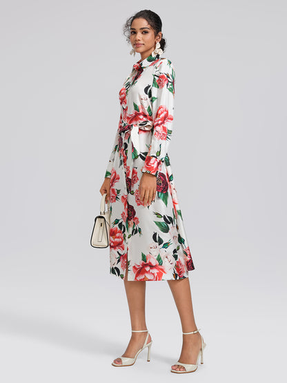 100% Silk Rose Print Turn-down Collar Dress