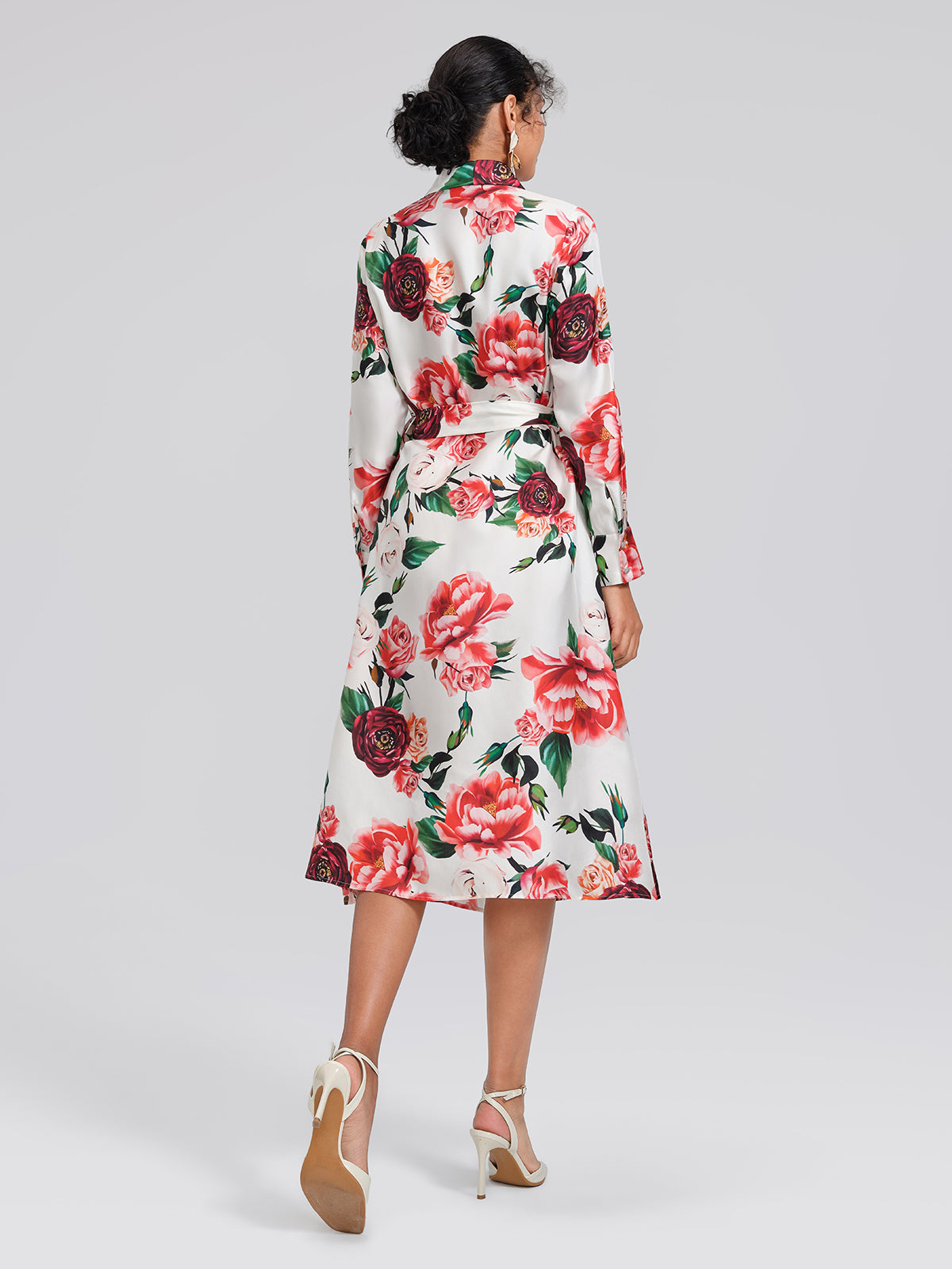 100% Silk Rose Print Turn-down Collar Dress