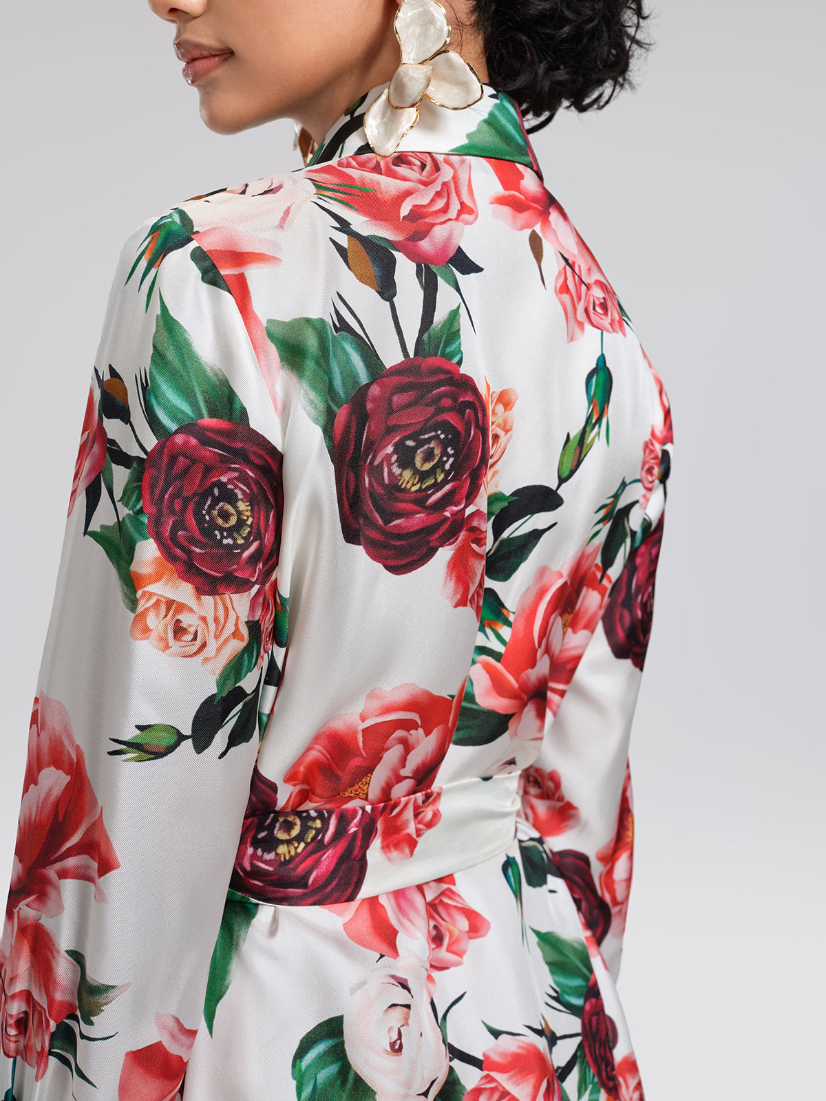 100% Silk Rose Print Turn-down Collar Dress
