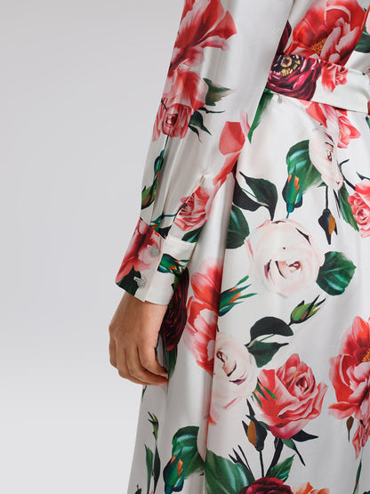 100% Silk Rose Print Turn-down Collar Dress