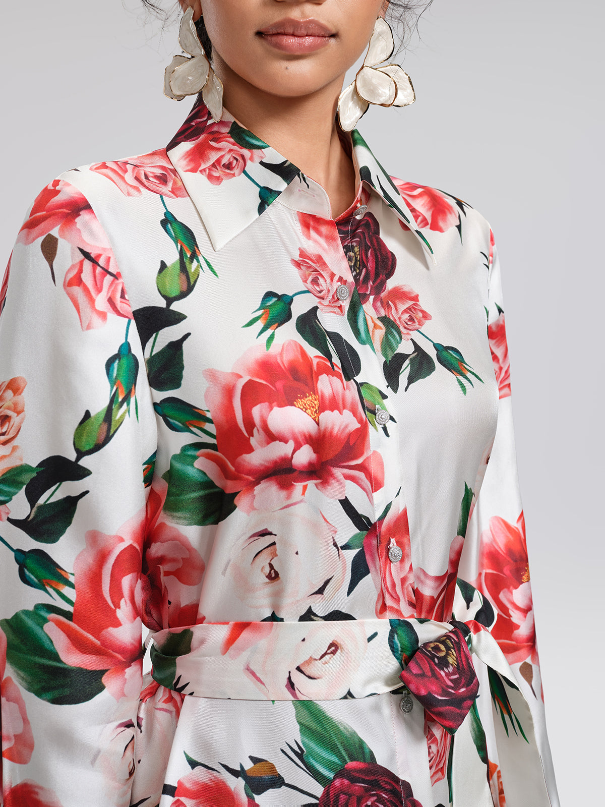 100% Silk Rose Print Turn-down Collar Dress