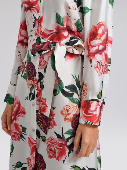 100% Silk Rose Print Turn-down Collar Dress