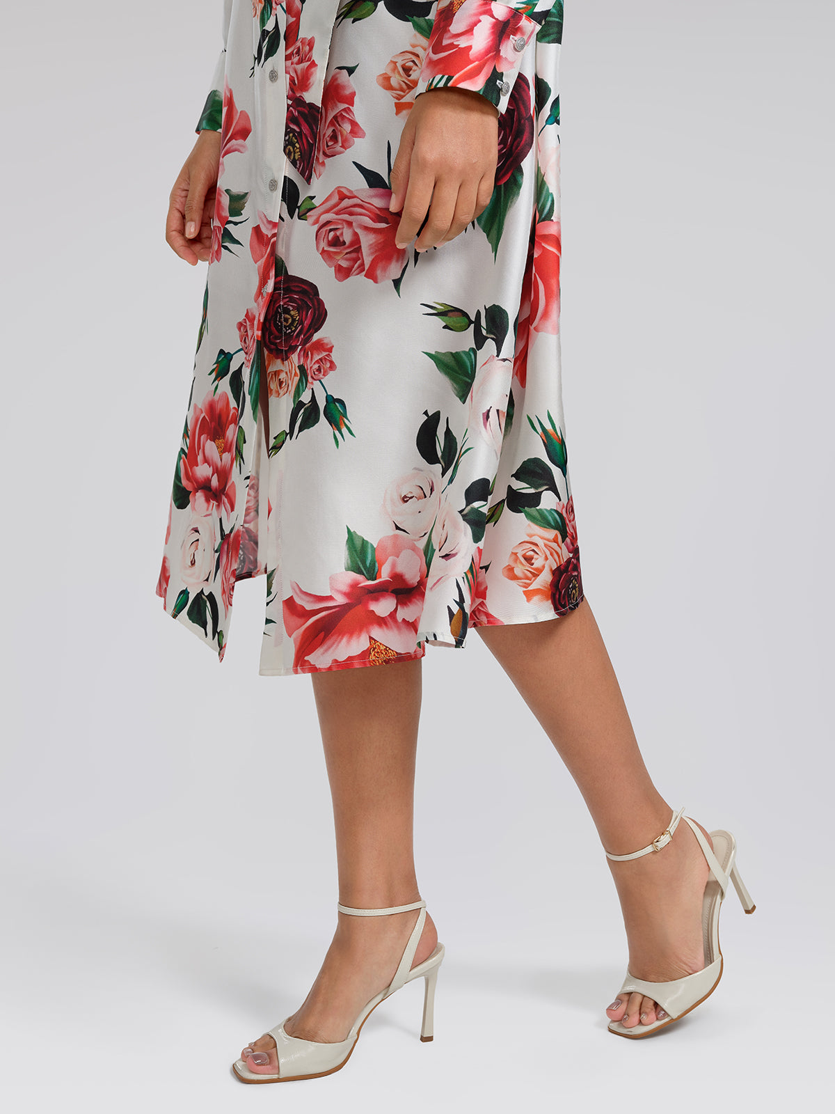 100% Silk Rose Print Turn-down Collar Dress