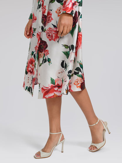 100% Silk Rose Print Turn-down Collar Dress