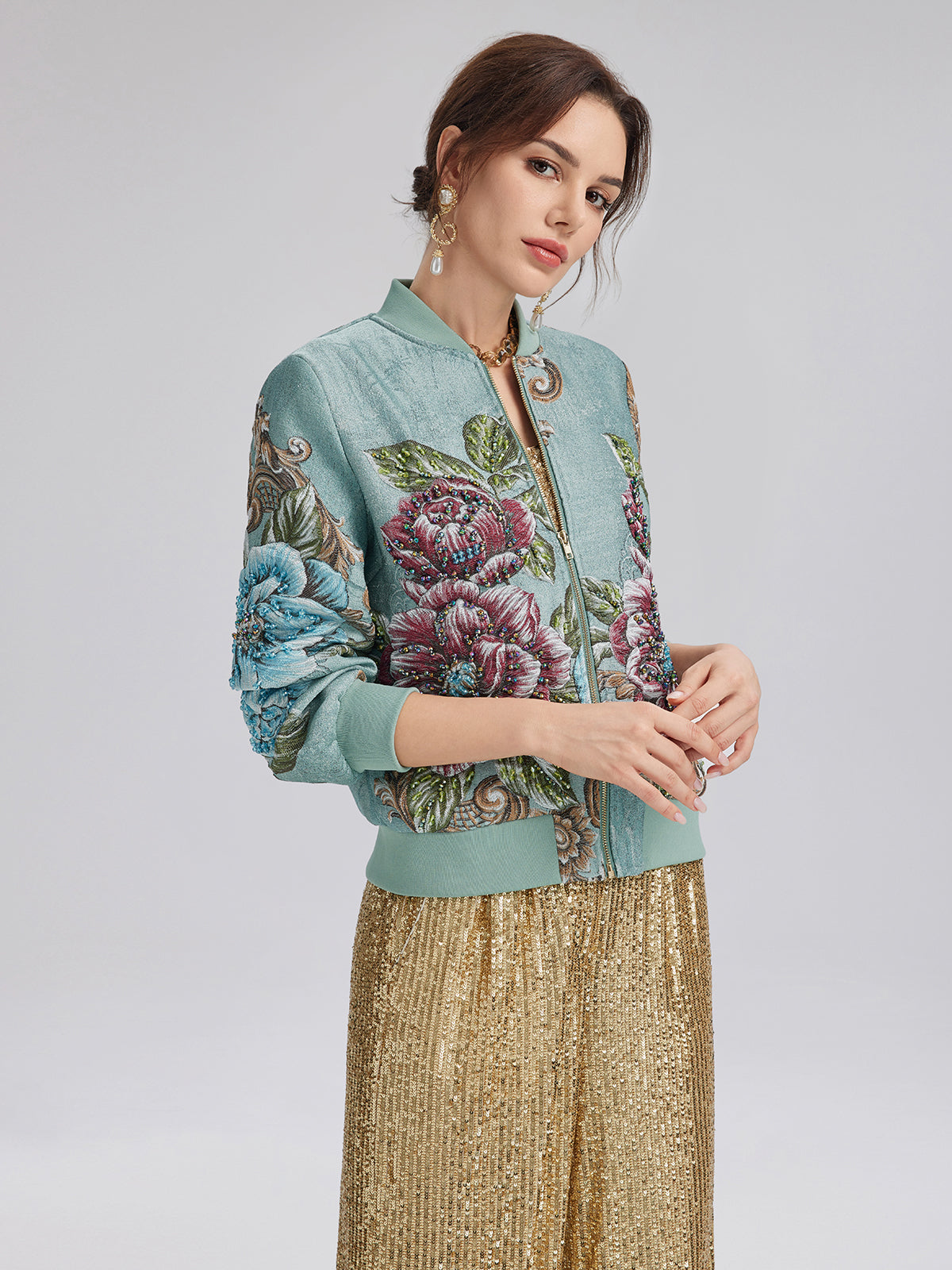 Hand-Beaded 3D Floral Bomber Jacket