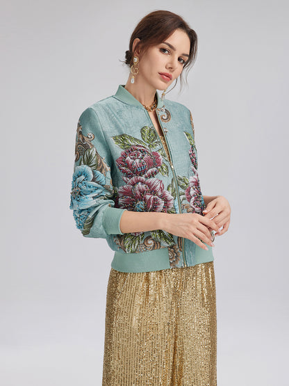 Hand-Beaded 3D Floral Bomber Jacket