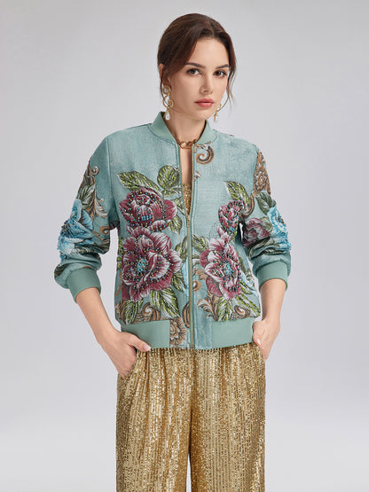 Hand-Beaded 3D Floral Bomber Jacket