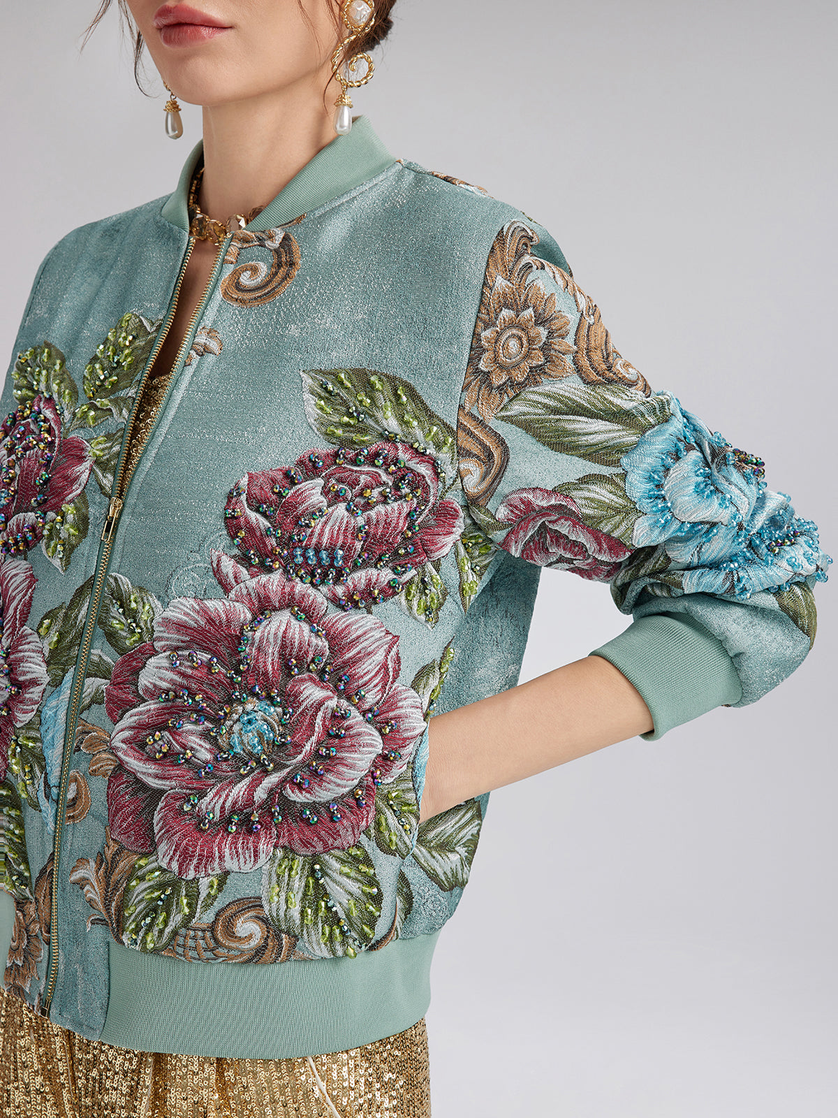 Hand-Beaded 3D Floral Bomber Jacket