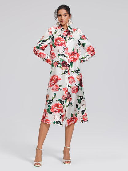 100% Silk Rose Print Turn-down Collar Dress
