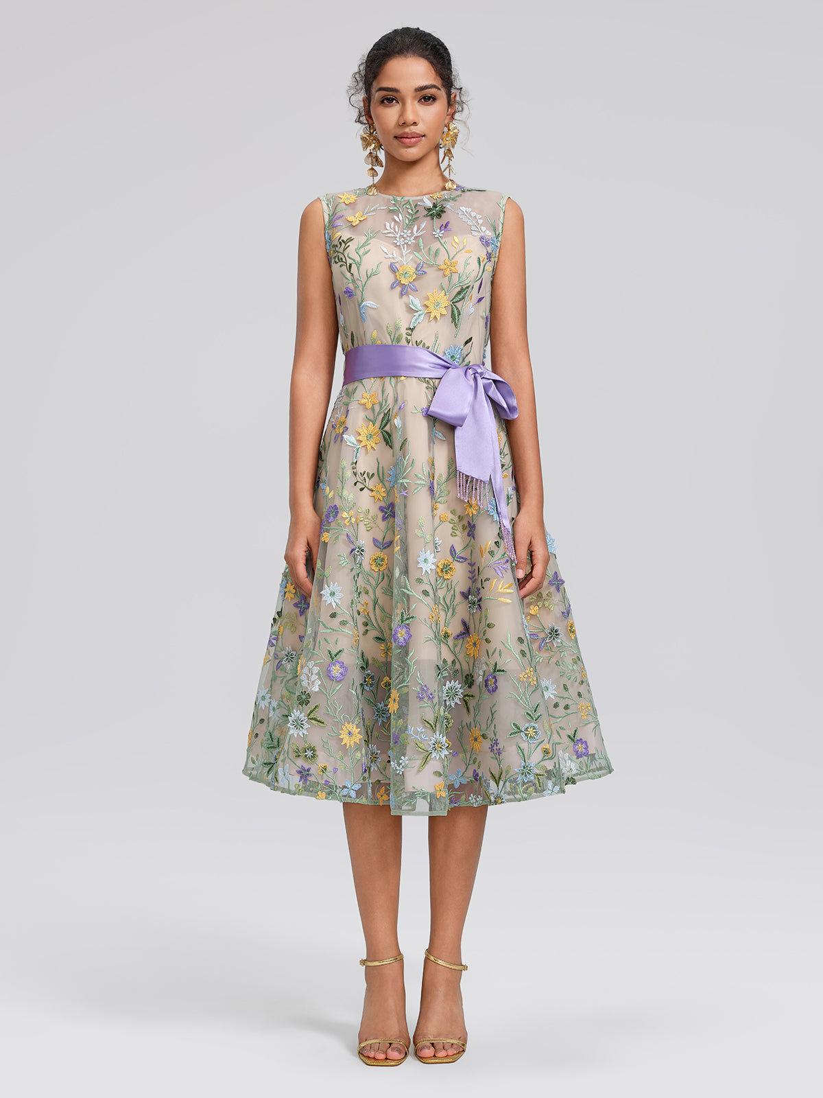 Floral Embroidered Tulle Sleeveless Dress (Wasit Tie & Shawl Included)