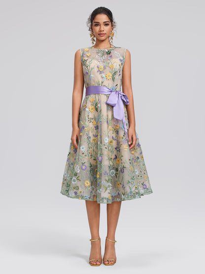 Floral Embroidered Tulle Sleeveless Dress (Wasit Tie & Shawl Included)