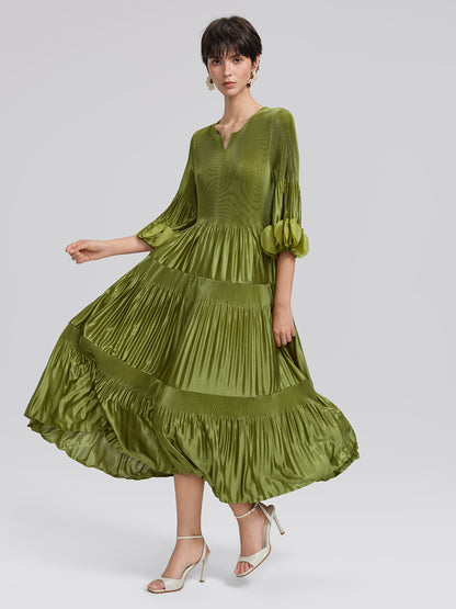 Pleated Cutwork Sleeve Tiered Dress(Waist Tie Included)