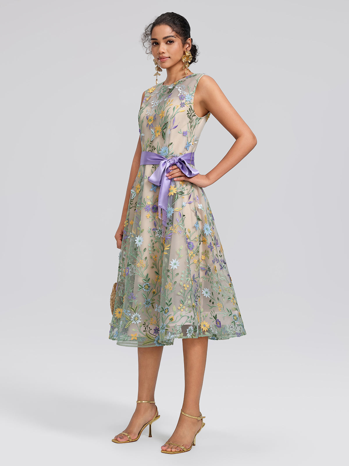 Floral Embroidered Tulle Sleeveless Dress (Wasit Tie & Shawl Included), GREEN / M