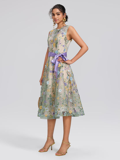 Floral Embroidered Tulle Sleeveless Dress (Wasit Tie & Shawl Included)