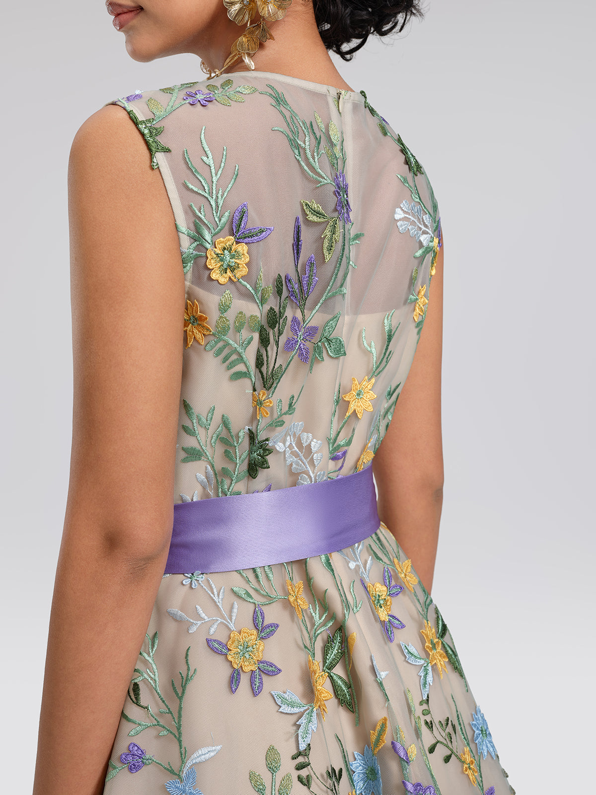 Floral Embroidered Tulle Sleeveless Dress (Wasit Tie & Shawl Included)