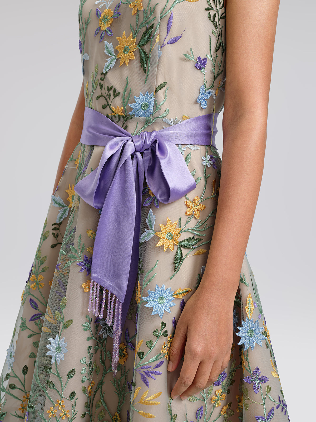 Floral Embroidered Tulle Sleeveless Dress (Wasit Tie & Shawl Included)