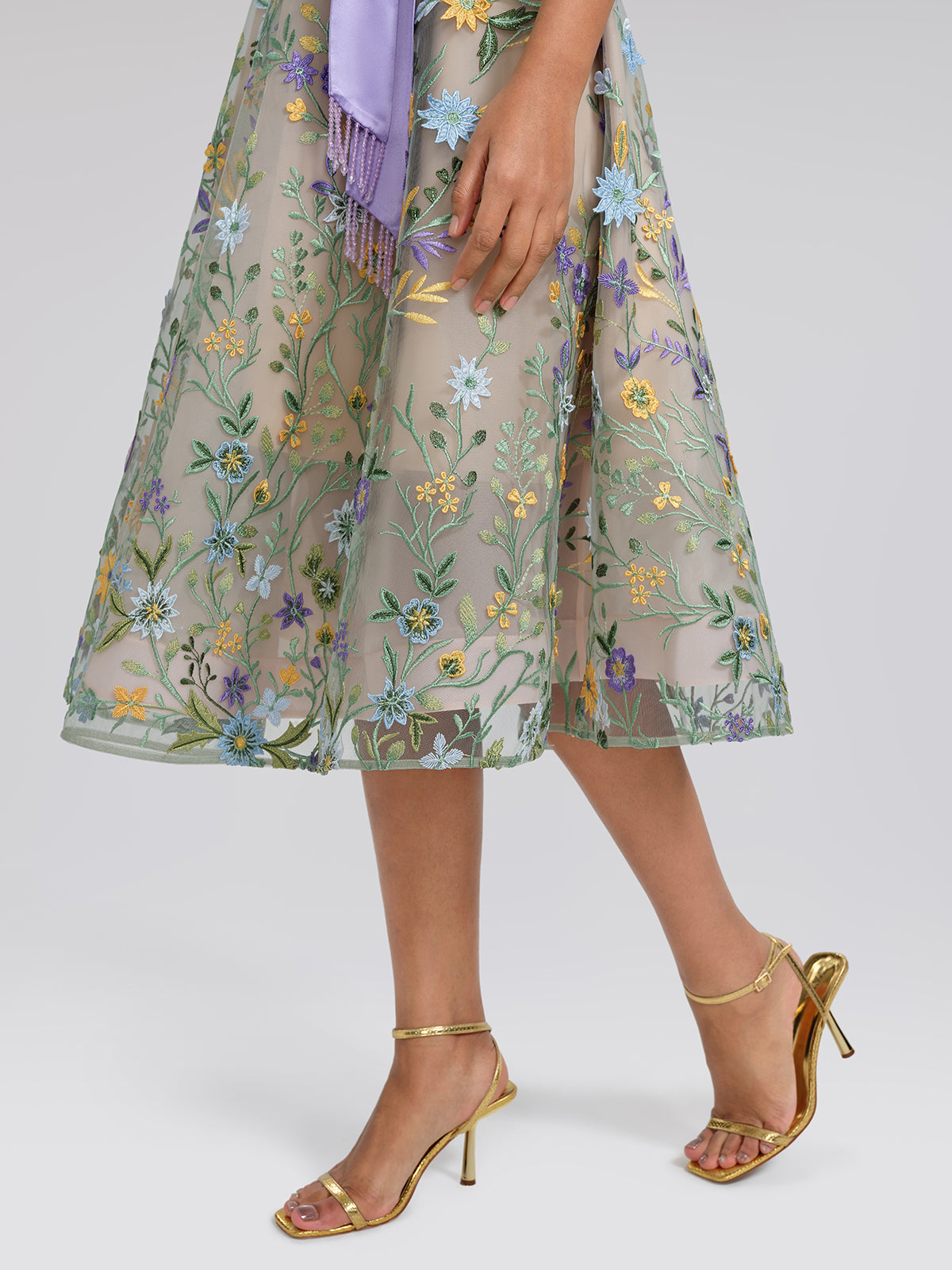 Floral Embroidered Tulle Sleeveless Dress (Wasit Tie & Shawl Included)