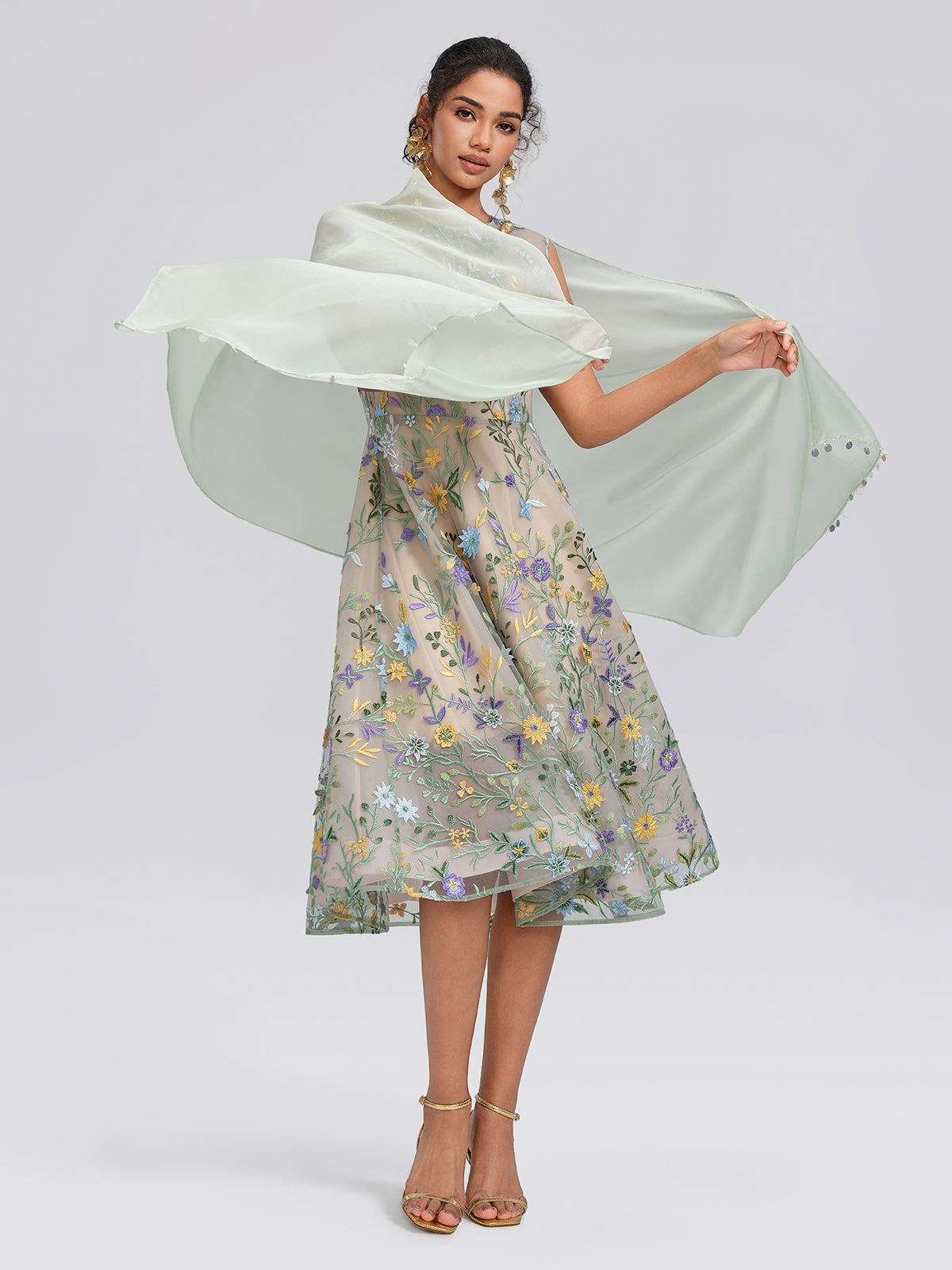 Floral Embroidered Tulle Sleeveless Dress (Wasit Tie & Shawl Included)