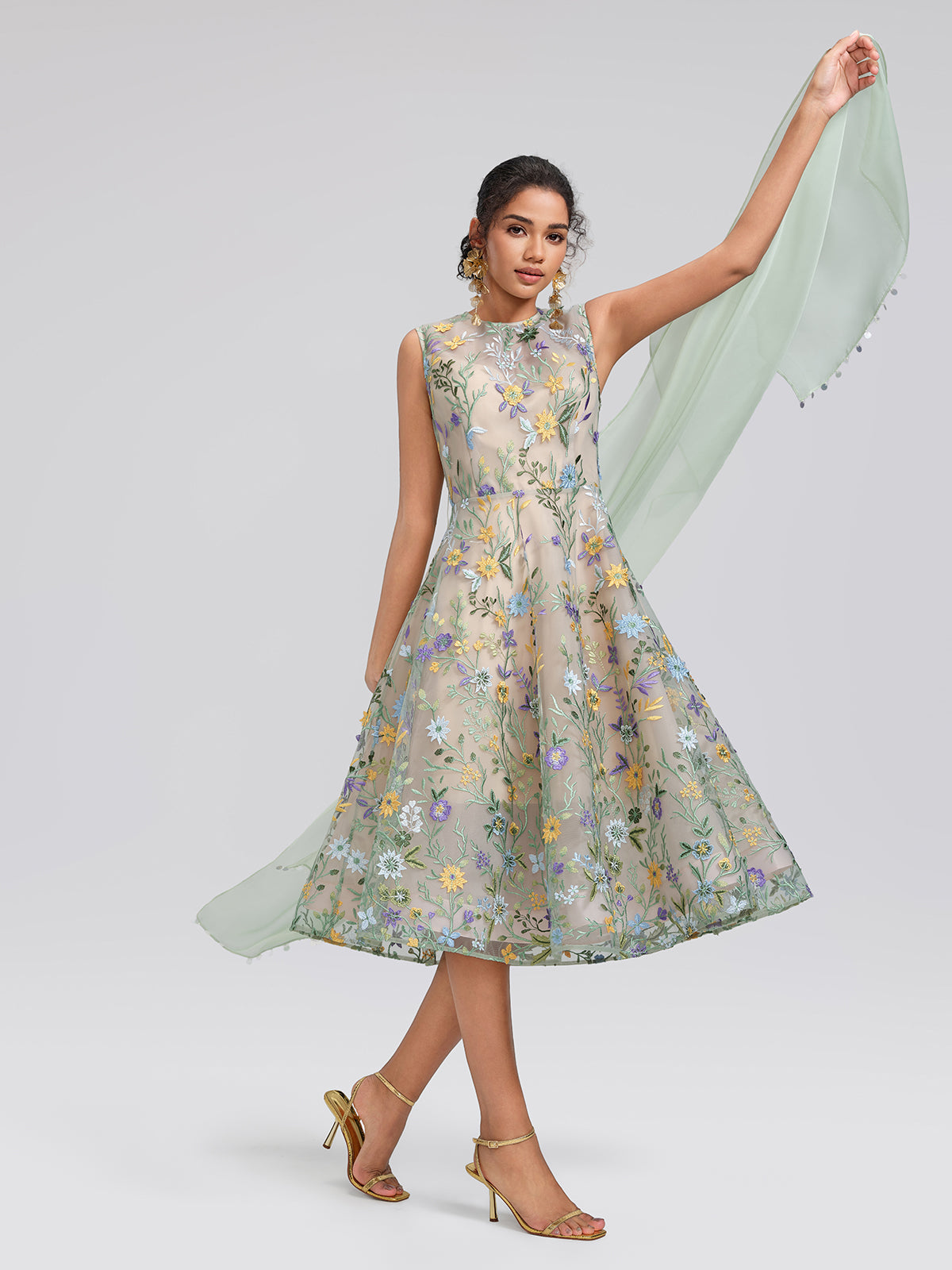 Floral Embroidered Tulle Sleeveless Dress (Wasit Tie & Shawl Included)