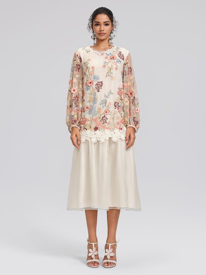 Silk Embroidery Lace-Panel Lantern-Sleeve Dress