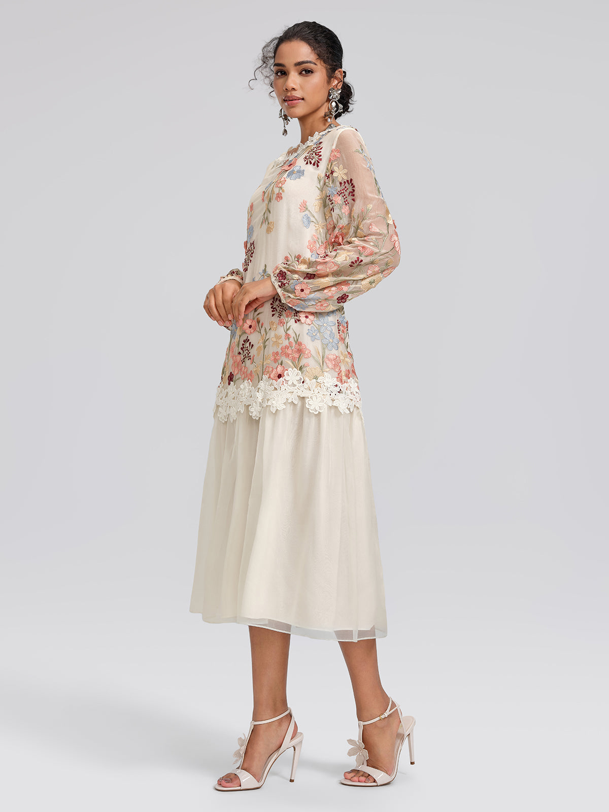 Silk Embroidery Lace-Panel Lantern-Sleeve Dress