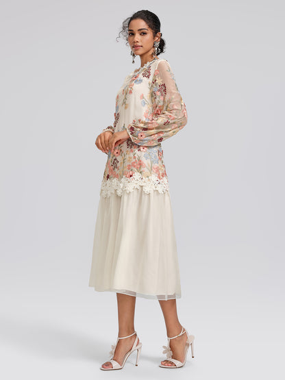 Silk Embroidery Lace-Panel Lantern-Sleeve Dress
