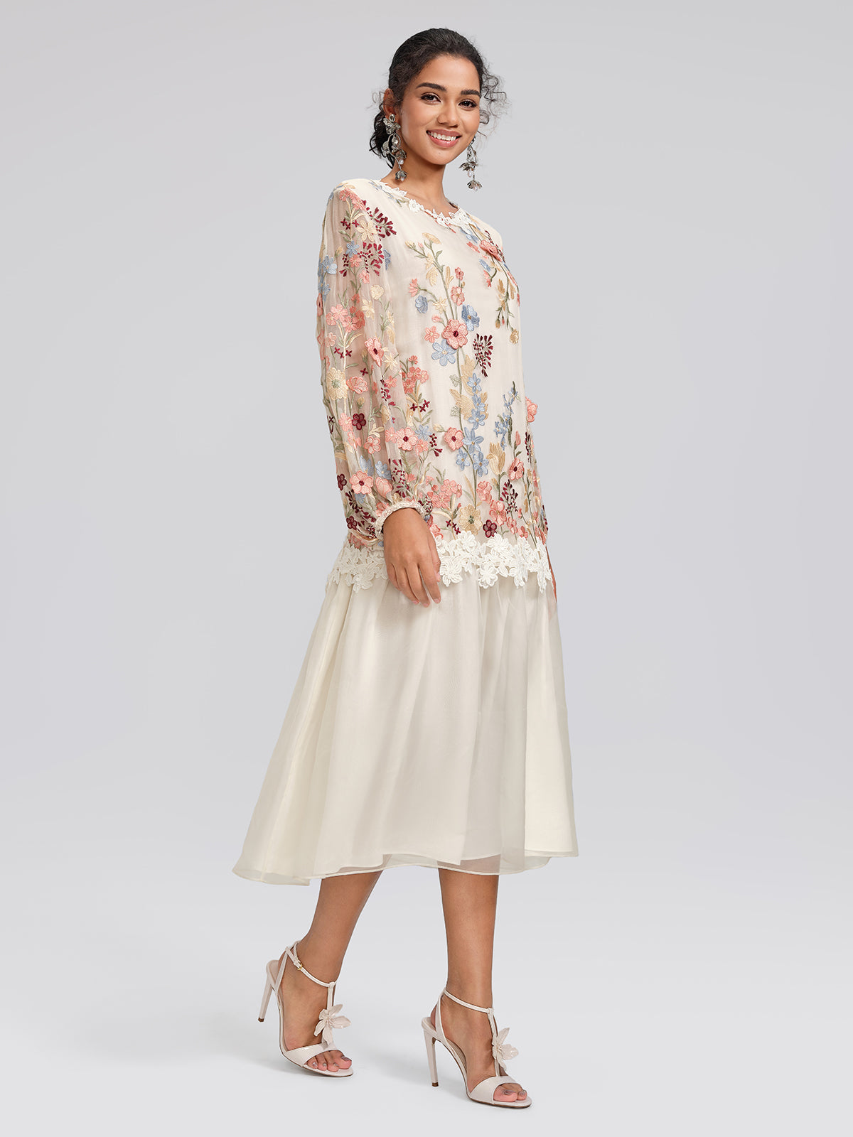 Silk Embroidery Lace-Panel Lantern-Sleeve Dress
