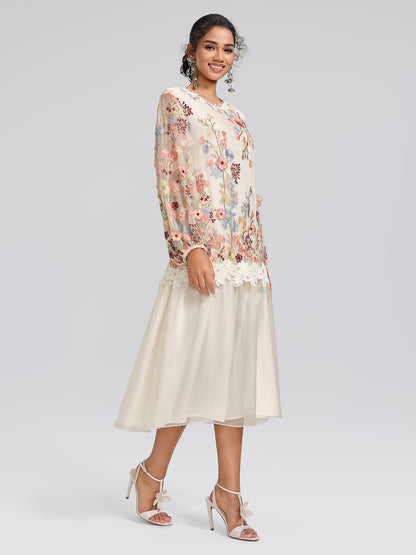 Silk Embroidery Lace-Panel Lantern-Sleeve Dress