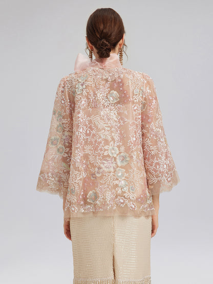 Sequin-Embroidered Detachable-Tie Jacket