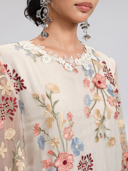 Silk Embroidery Lace-Panel Lantern-Sleeve Dress