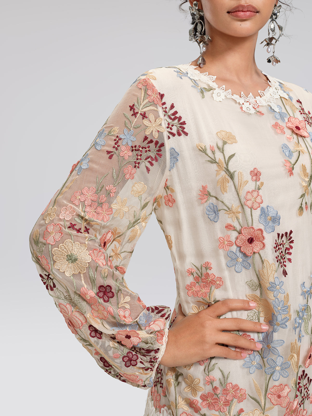 Silk Embroidery Lace-Panel Lantern-Sleeve Dress