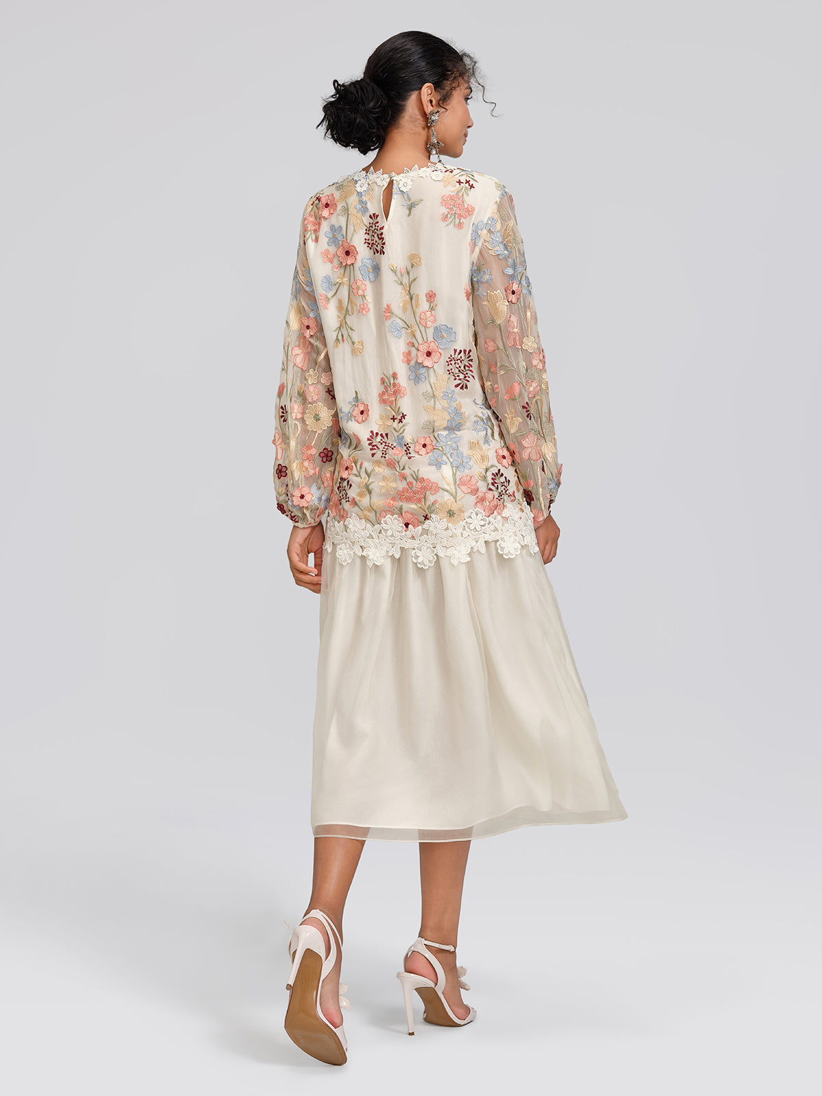 Silk Embroidery Lace-Panel Lantern-Sleeve Dress