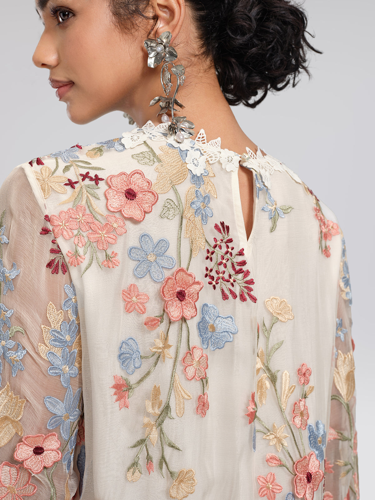 Silk Embroidery Lace-Panel Lantern-Sleeve Dress