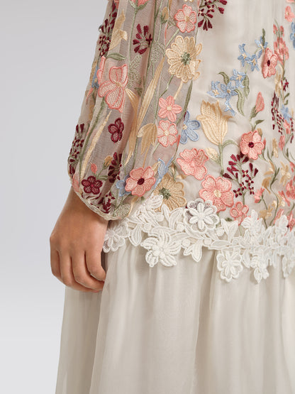 Silk Embroidery Lace-Panel Lantern-Sleeve Dress