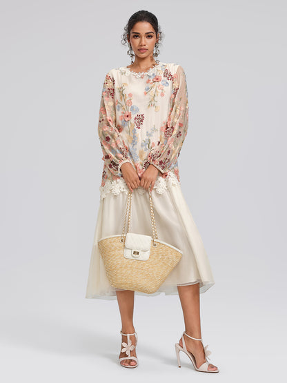 Silk Embroidery Lace-Panel Lantern-Sleeve Dress