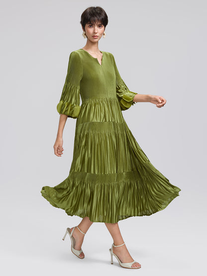 Pleated Cutwork Sleeve Tiered Dress(Waist Tie Included)