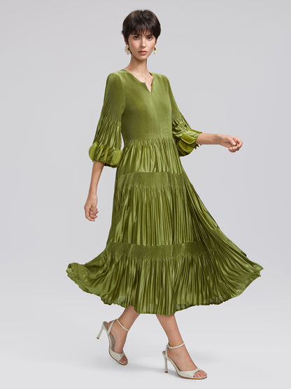 Pleated Cutwork Sleeve Tiered Dress(Waist Tie Included)