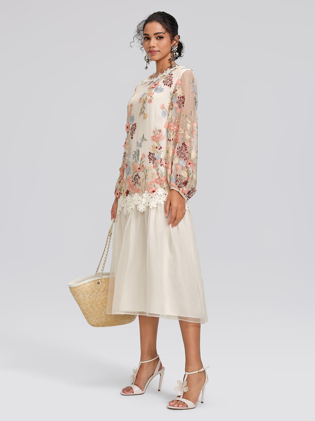 Silk Embroidery Lace-Panel Lantern-Sleeve Dress