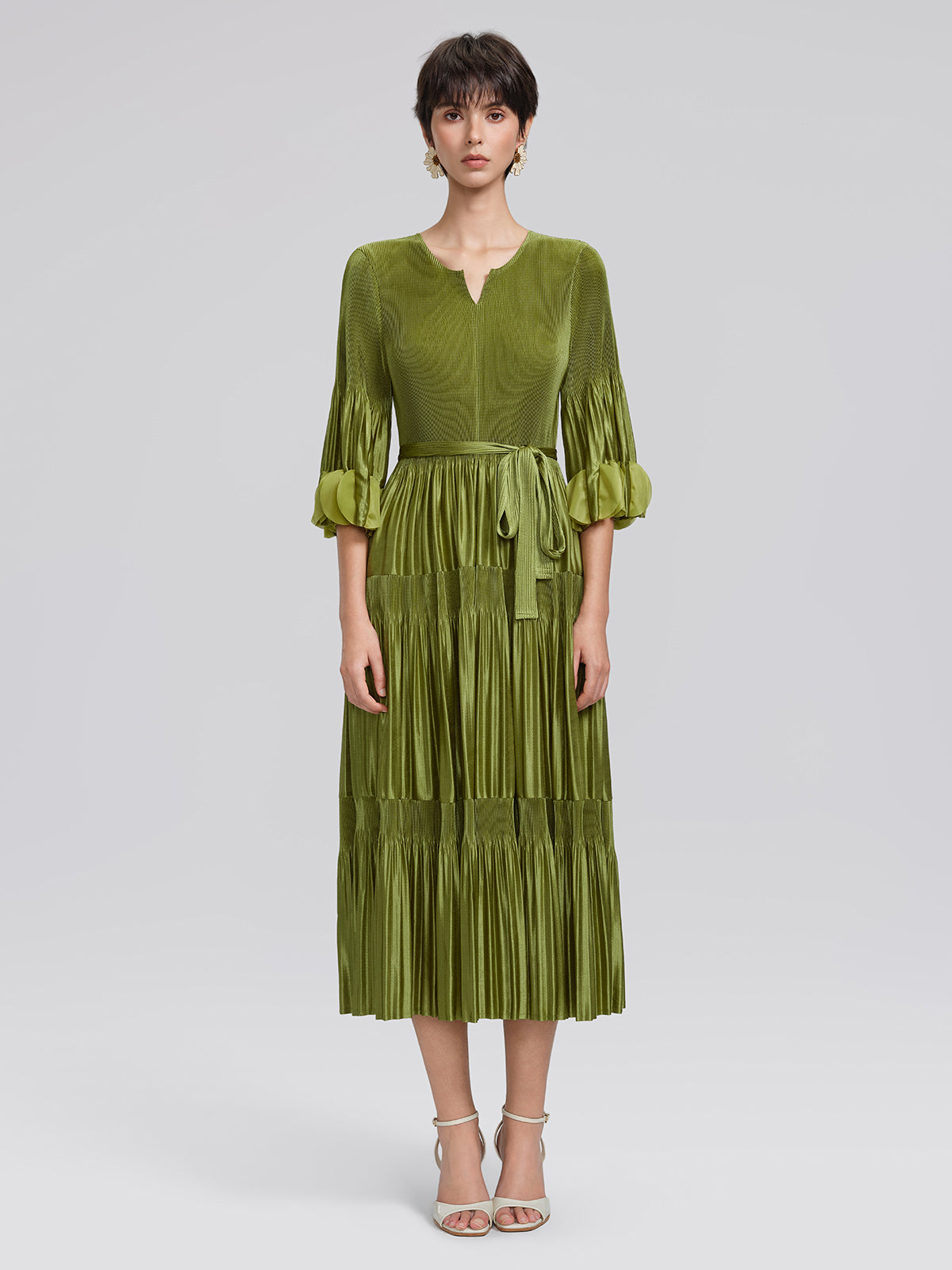 Pleated Cutwork Sleeve Tiered Dress(Waist Tie Included)