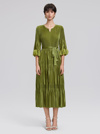 Pleated Cutwork Sleeve Tiered Dress(Waist Tie Included)